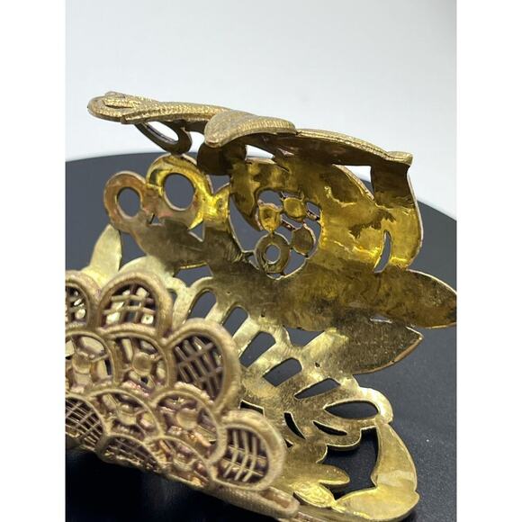 Large Filigree Ornate Lace Floral Leaf Gold Tone Wide Textured Cuff Bracelet - Picture 6 of 10